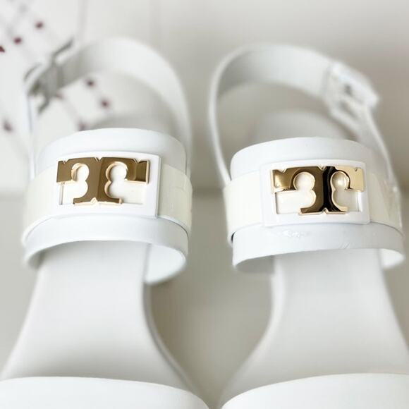 Tory Burch Gigi Two Band White Leather Block Heel Slingback Sandals Size 8.5 NWB - Picture 16 of 16